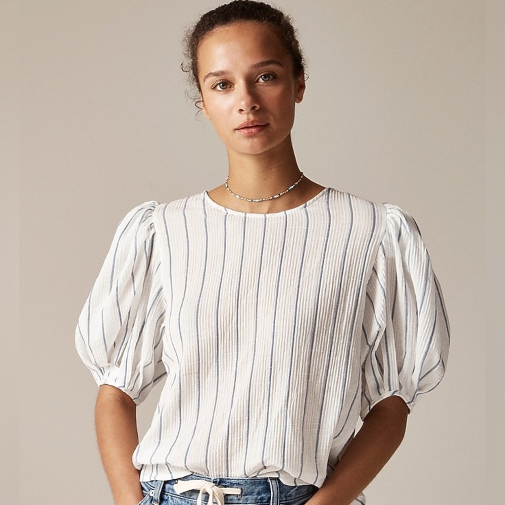 J Crew NWT Puff Sleeve Top in Sheer Gauze Size Small in Ivory and Blue Stripe